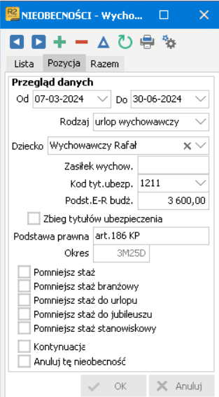 Widok ewidencji nieobecności z urlopem wychowawczym