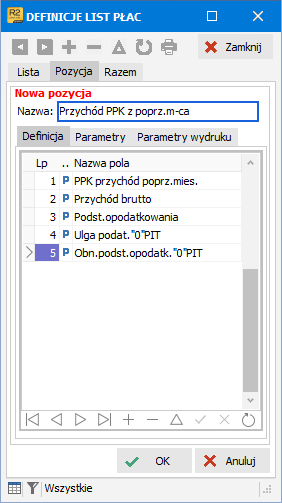 Wybór szablonu listy płac Przychód PPK z poprz.m-ca