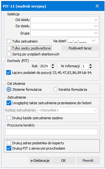 Okno generowania PIT-11 seryjnie