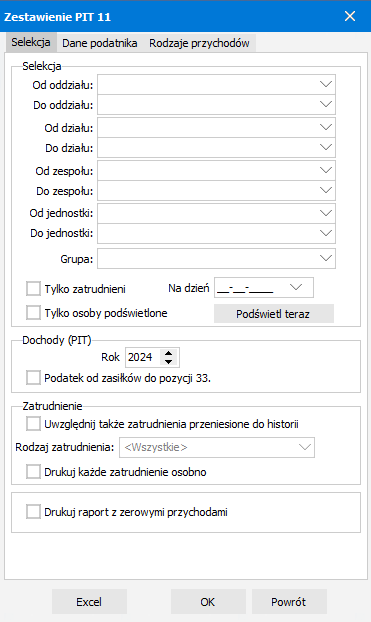 Okno Zestawienie do PIT-11