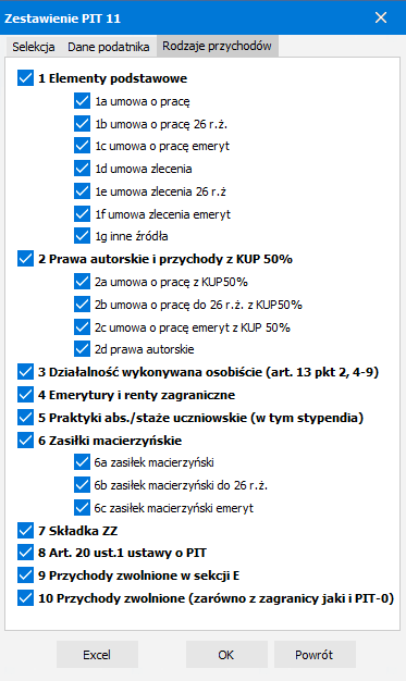 Zakładka Rodzaje przychodów