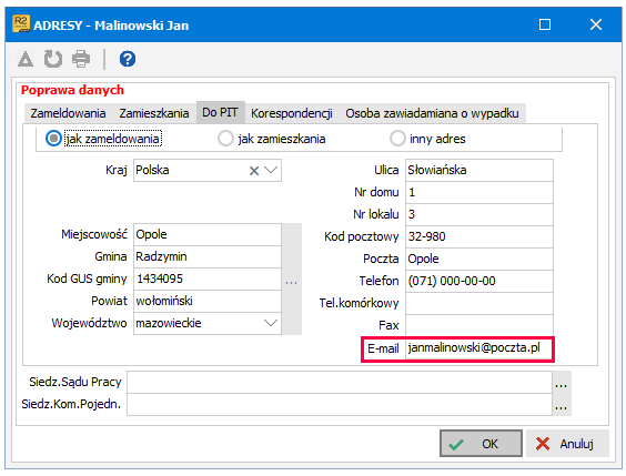 Zrzut ekranu – prywatny adres e-mail