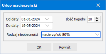 Okno wprowadzania danych urlopu