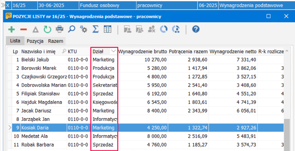 Zrzut ekranu – przypisanie działów