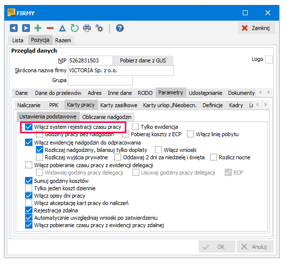 Parametry karty pracy – włącz system rejestracji czasu pracy