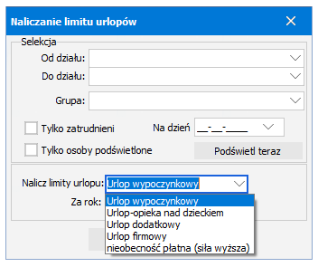 Okno Naliczanie limitu urlopów