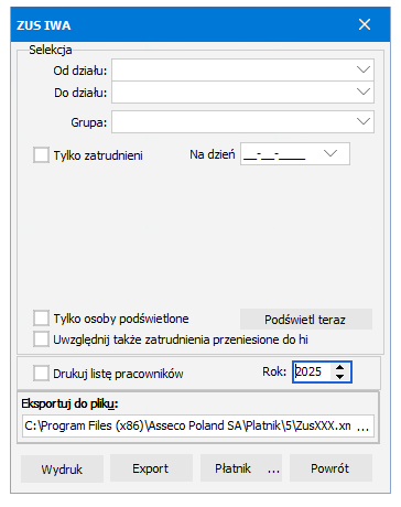 Opcje wydruku i eksportu ZUS IWA