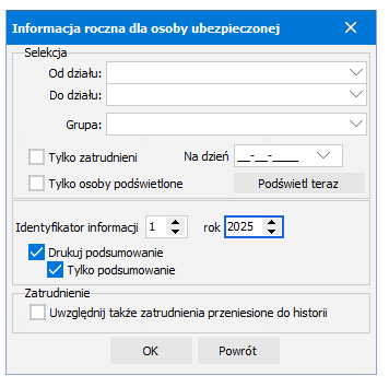 Opcje seryjnego wydruku informacji rocznej