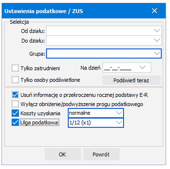Okno ustawień podatkowych / ZUS