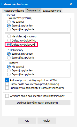 Opcja Dołącz wydruk PDF