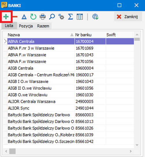 Okno dodawania banku w bibliotece banków