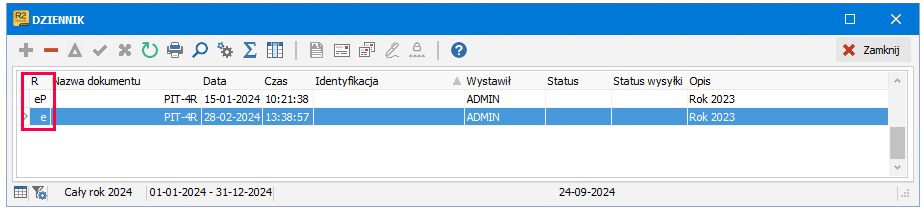 Lista dokumentów w Dzienniku – oznaczenia e/eP