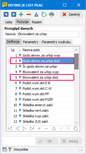 Zrzut ekranu – pola systemowe w definicji listy płac