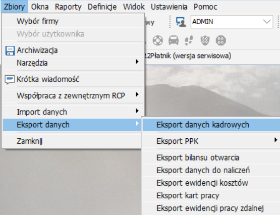 Menu Eksport danych kadrowych