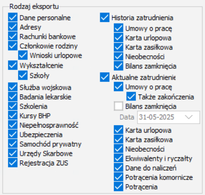 Opcje eksportu – aktualne zatrudnienie