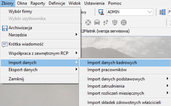 Menu Import danych kadrowych