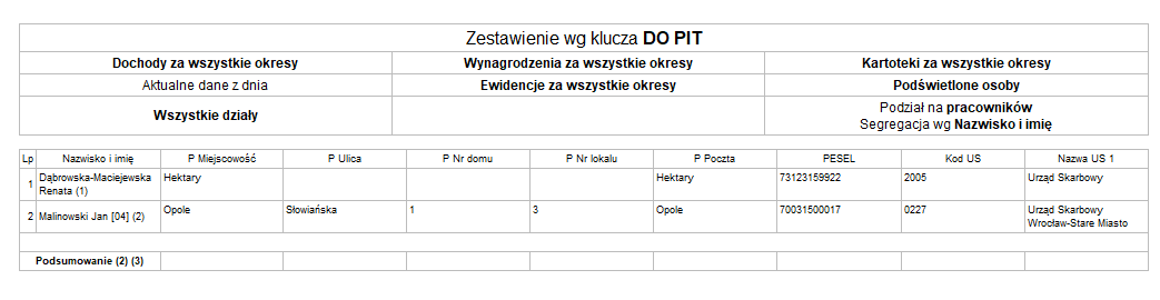 Zrzut ekranu – wygenerowany raport DO PIT