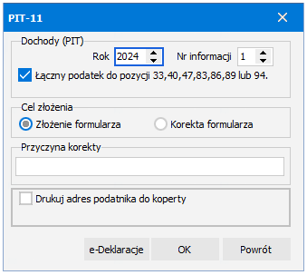Okno generowania PIT-11