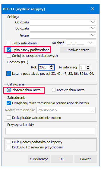 Okno generowania PIT-11 seryjnie