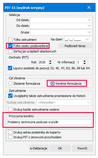 Okno generowania PIT-11 seryjnie