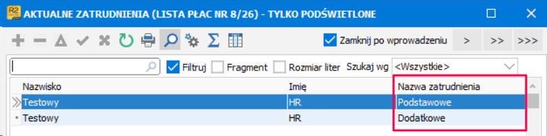 Podgląd wyboru zatrudnienia na liście płac