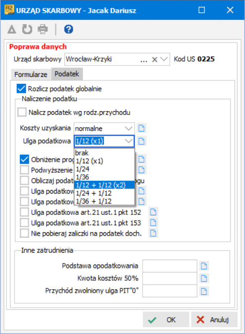 Ustawienia ulgi podatkowej w ewidencji pracownika