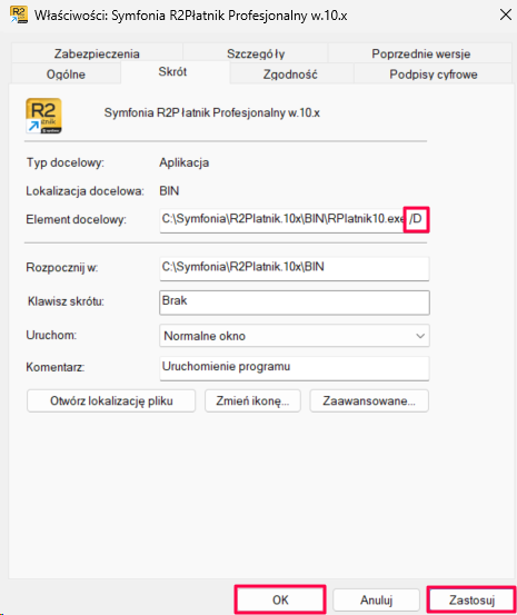 Właściwości skrótu Symfonia R2Płatnik – pole Element docelowy z parametrem /D