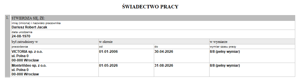 Przykład świadectwa pracy z informacją o okresach zatrudnienia