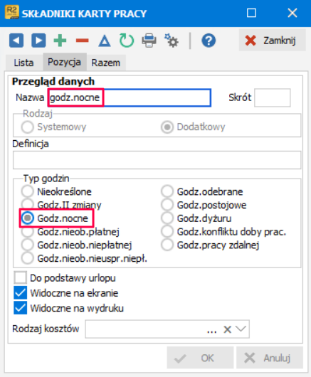 Definicja składnika godzin nocnych