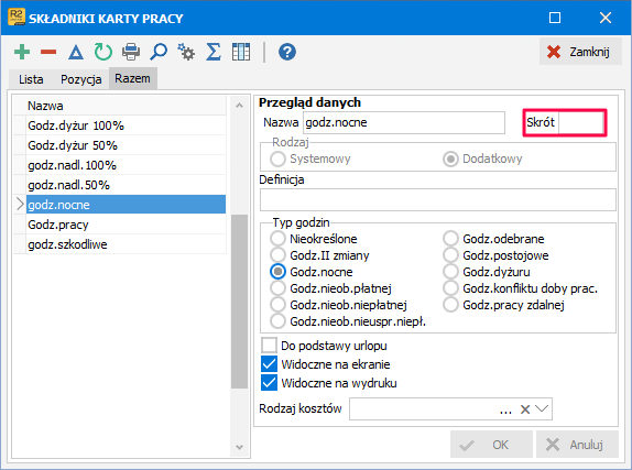 Menu Definicje Składniki karty pracy