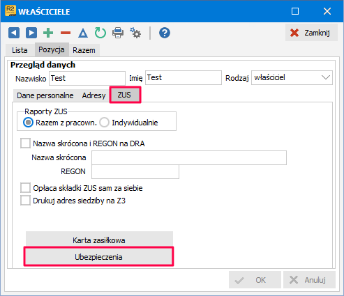 Zakładka ZUS i przycisk Ubezpieczenia