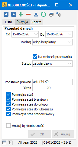 Wprowadzanie nowych dat nieobecności