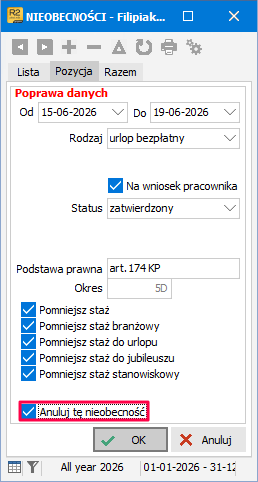 Anulowanie nieobecności przed korektą