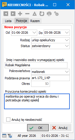 Formularz wprowadzania urlopu opiekuńczego