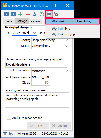 Opcja wydruku wniosku