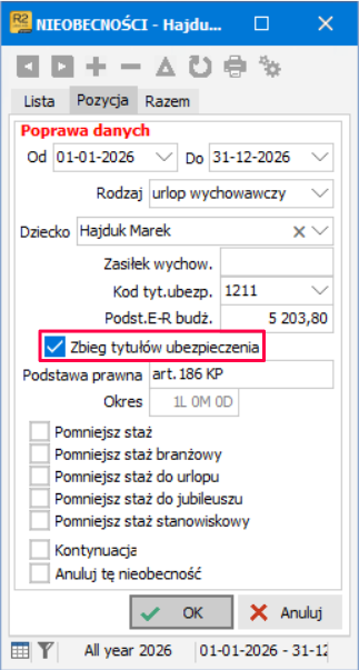 Zaznaczenie opcji zbieg tytułów ubezpieczenia w nieobecnościach