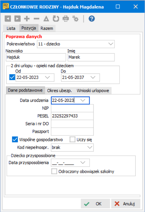 Dodawanie dziecka