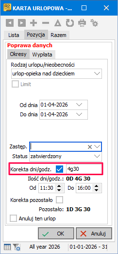 Wprowadzanie korekty godzin
