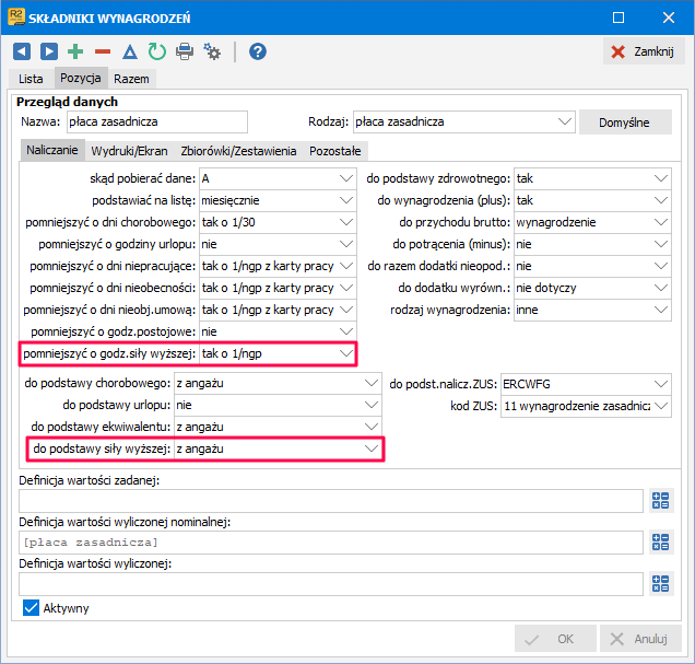 Parametry składnika wynagrodzeń