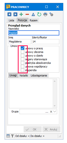 Okno Pozycja z sekcją Umowy – zaznaczanie typu umowy w Symfonii R2Płatnik