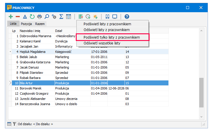 Opcja Podświetl listy z podmenu Podświetl tylko płac z pracownikiem w Symfonii R2Płatnik