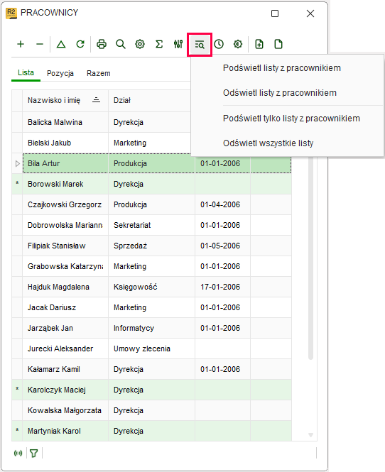 Opcja Podświetl listy z podmenu Podświetl tylko płac z pracownikiem w Nowym R2Płatnik