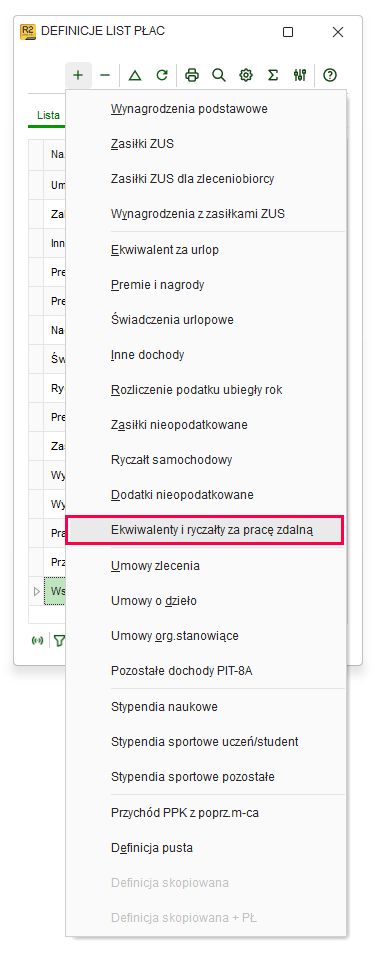 Wybór szablonu Ekwiwalenty i ryczałty za pracę zdalną w definicjach list płac w Nowym R2Płatnik