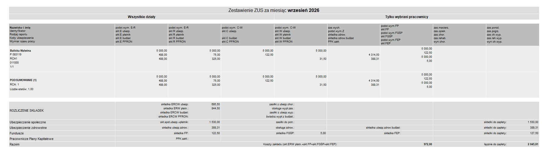 Raport miesięczny ZUS z prawidłowo wykazanym pracownikiem w Nowym R2Płatnik