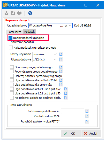 Zakładka Podatek z zaznaczoną opcją Rozlicz podatek globalnie w Symfonii R2Płatnik