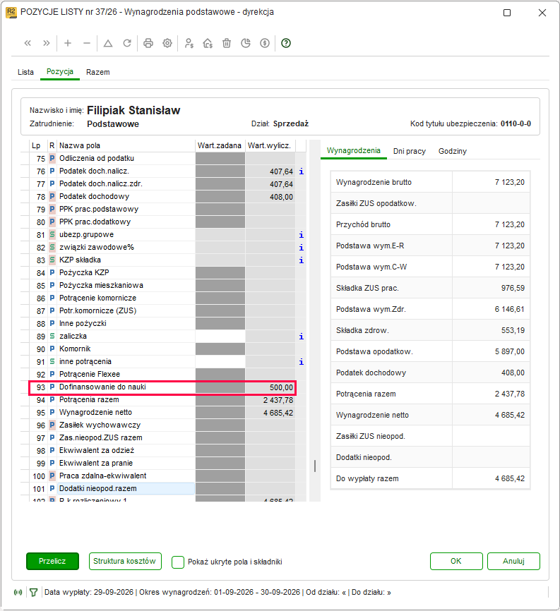 Lista płac z rozliczonym nowym rodzajem potrącenia w Nowym R2Płatnik