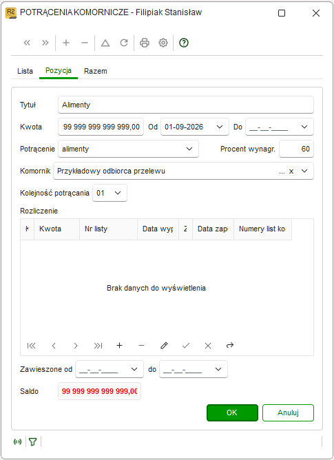 Ewidencja Potrącenia komornicze z dużą kwotą i zaznaczoną opcją Alimenty w Nowym R2Płatnik