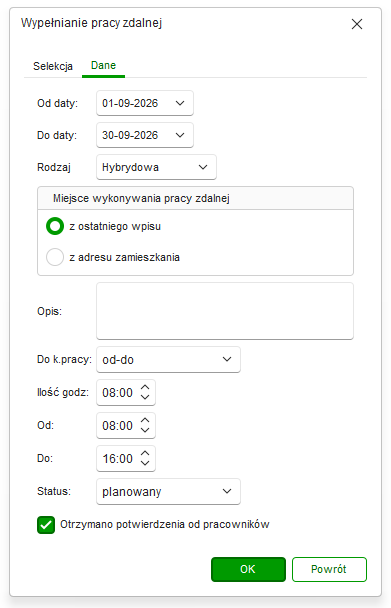 Okno zbiorczego wypełniania pracy zdalnej z zakładkami Selekcja i Dane w Nowym R2Płatnik