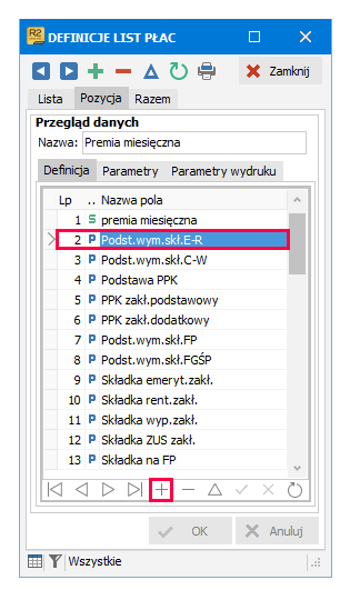 Zakładka Pozycja w oknie Definicje list płac z zaznaczonym składnikiem w Symfonii R2Płatnik