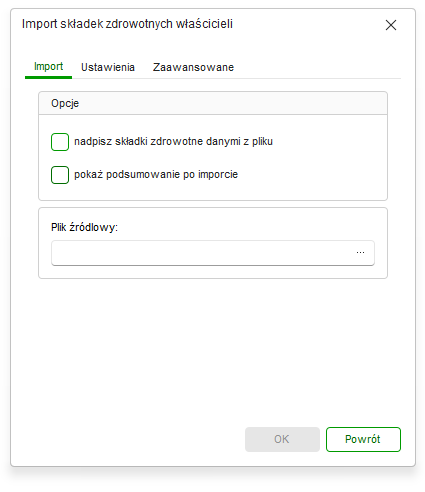 Zakładka Import z parametrami importu składek zdrowotnych właściciela w Nowym R2Płatnik